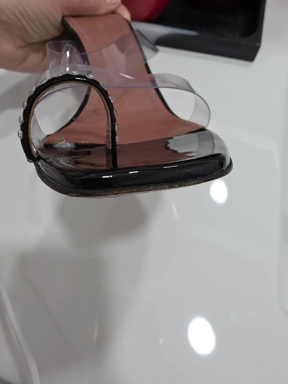 Amina Muaddi Black Patent Slide Heels with Clear Straps and Crystal Trim